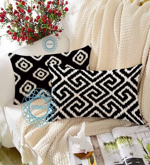 Black Cotton Geometric 18x12 inches Cushion Covers (Pack of 2)