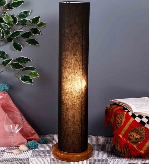 Lehr Black Cotton Shade Column Floor Lamp With Wood Base By New Era