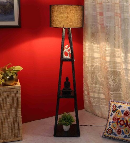 Genevieve Black Cotton Shade Shelf Floor Lamp With MDF Base