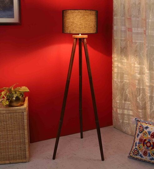 Dynamic Black Cotton Shade Tripod Floor Lamp With Mango wood Base