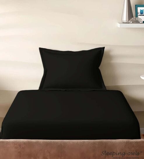Black Cotton Solid 210TC Plain Single Bedsheet with 1 Pillow Cover
