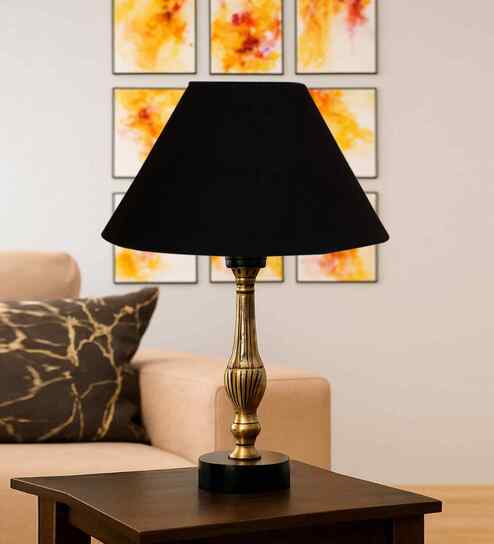 Black Cotton Table Lamp With  Metal & Wood  Base 10X15 Inches