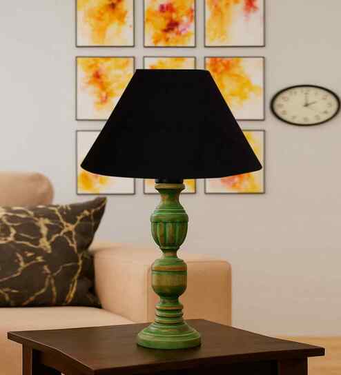 Black Cotton Table Lamp With  Wood  Base 10X19 Inches
