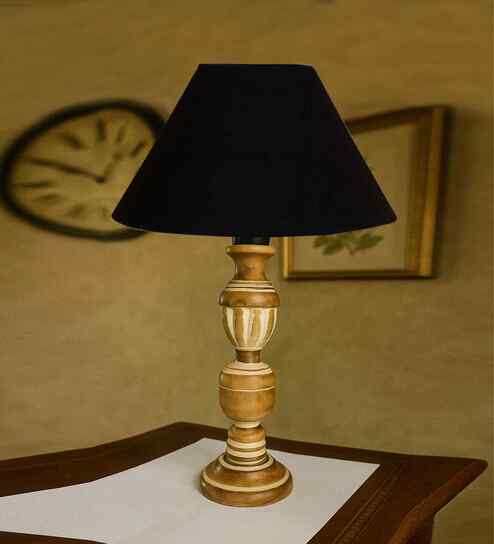 Black Cotton Table Lamp With  Wood  Base 10X19 Inches