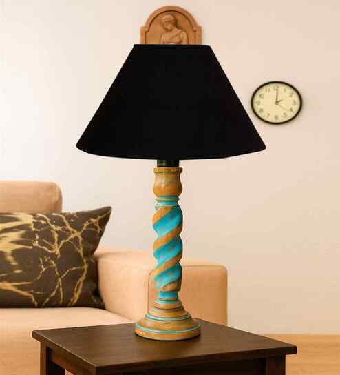 Black Cotton Table Lamp With  Wood  Base 10X19 Inches