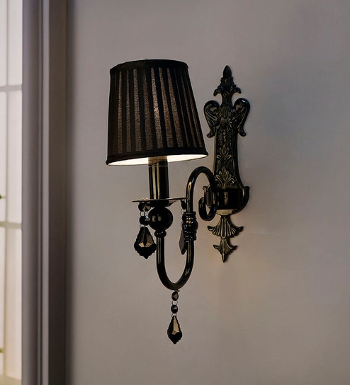 Black Crystal Wall Sconce with Pleated Black Shades