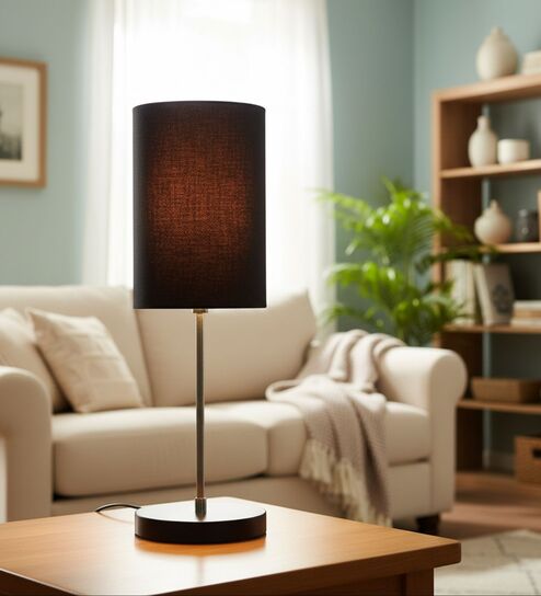 Black Cylinder Fabric Shade with Modern Silver & Black Table Lamp for Bedroom & Living Room