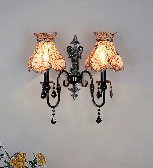 Black Double Wall Sconce with Kalamkari Shades and Crystals