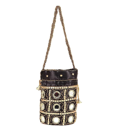Black Fabric Embroidered Potli Bag for Women (20 cm)