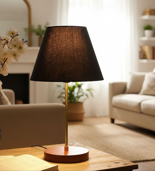 Black Fabric Shade Table Lamp, Brown Wooden Base Bedside & Desk Light for Bedroom, Living Room & Home Decor