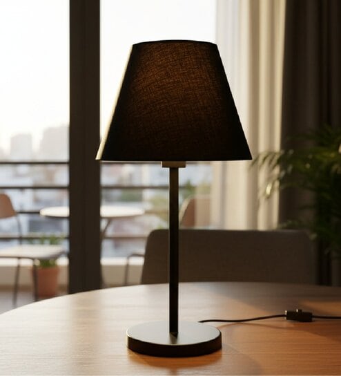Black Fabric Shade Table Lamp, Modern Bedside & Desk Lamp with Metal Base for Bedroom, Living Room & Home Decor