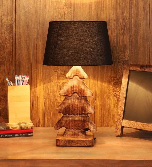 Flemish Black Fabric Shade Table Lamp With Mango wood Base by Foziq