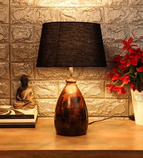 Black Fabric Shade Table Lamp With Brown Base By Foziq