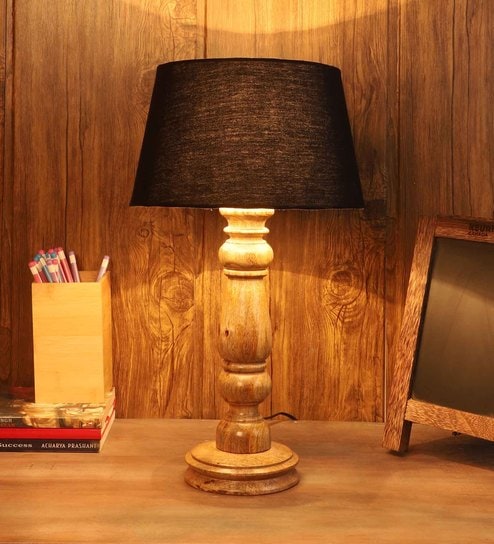 Black Fabric Shade Table Lamp with Brown Base by Foziq