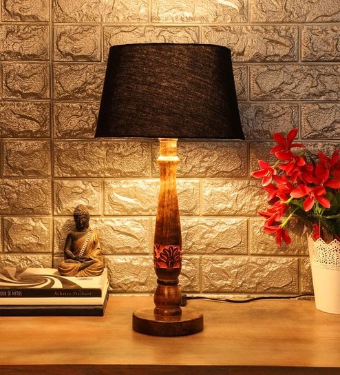 Black Fabric Shade Table Lamp with Pink and Brown Base by Foziq