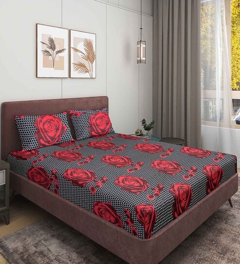 Black Floral 144 TC Microfiber Double Sized Bedsheet With 2 Pillow Covers