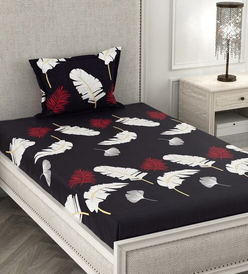 Black Floral 180 TC Microfiber Single Bedsheet With 1 Pillow Cover