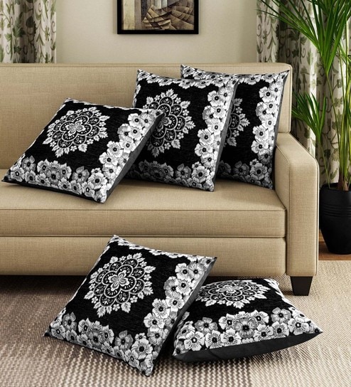 romee Black Chenille Floral 16x16 inches Cushion Cover (5Pc)-picture-32