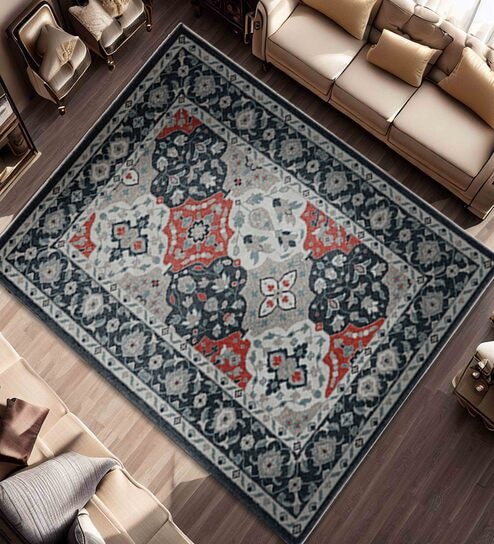 Black Floral Polyester 3 ft X 5 ft Machine Made Carpet