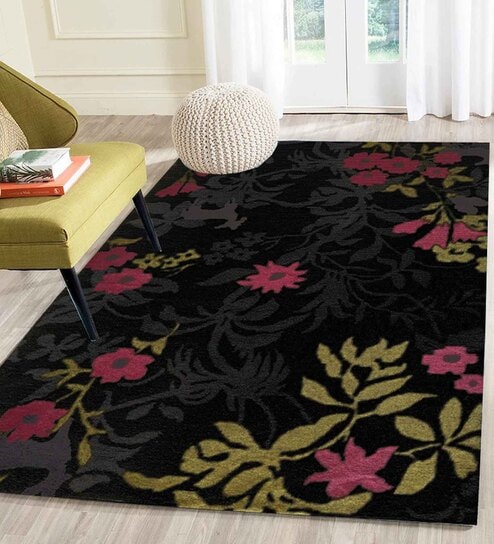 Black Floral Wool 5 ft x 7 ft Hand Tufted Carpet