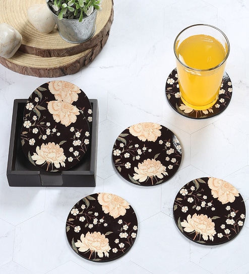 Black Flower Black MDF (Set of 6 ) Table Coasters
