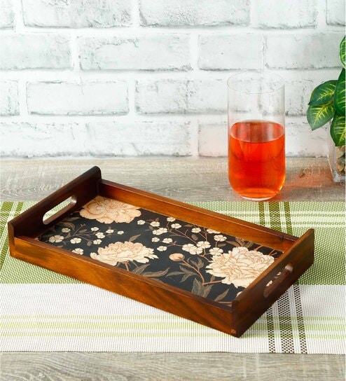 Black Flower Brown Teak Wood & MDF Serving Tray Reinvention factory