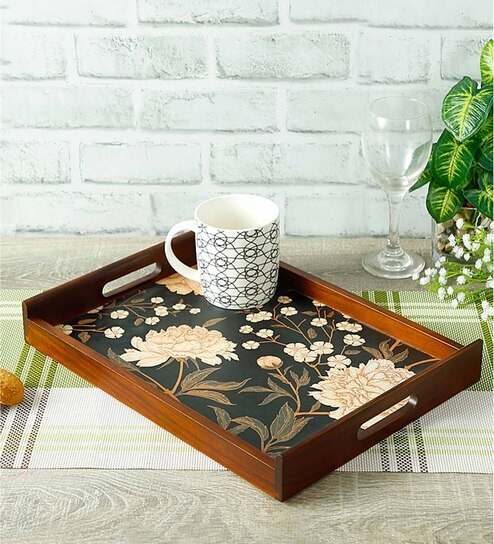 Black Flower Brown Teak Wood & MDF Serving Tray Reinvention factory