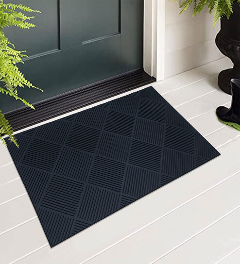 Black Geometric Microfibre 30x18 Inches Anti Skid Door Mat