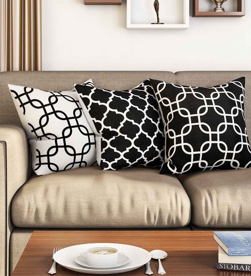 Black Geometric Premium 16 x 16 Inches Cushion Cover (Set of 3)