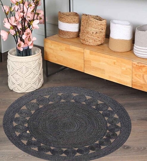 Black Geometrical Jute 5 X 5 Feet Hand Woven Round Carpet by SHAHINA EXPORTS