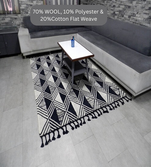 Black Geometrical Wool And Polyester And Cotton 8X6 Feet Hand Woven Carpet-image-48