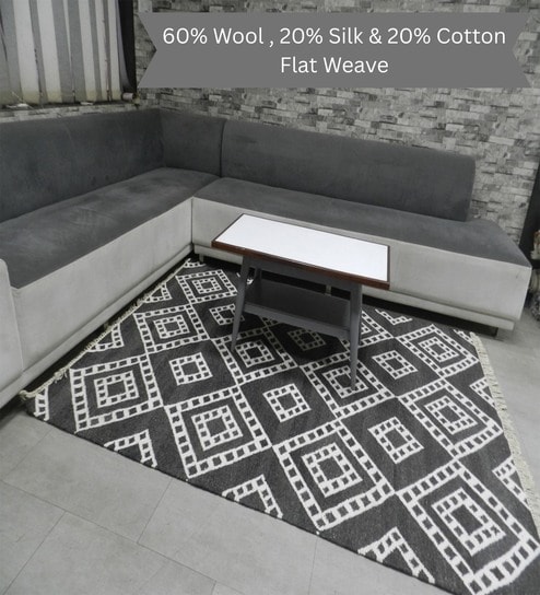 Black Geometrical Wool And Silk And Cotton 8X5 Feet Hand Woven Carpet-image-46