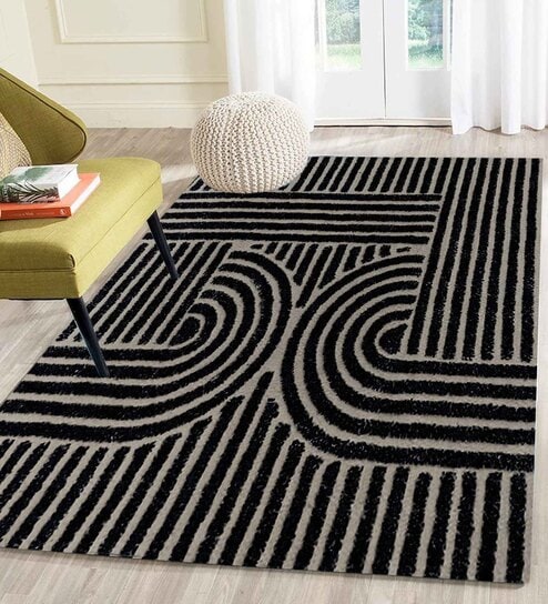 Black Geometrical Wool 4 ft x 6 ft Hand Tufted Carpet