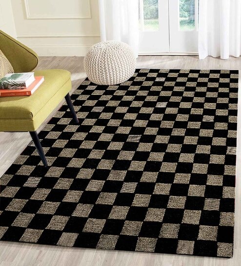 Black Geometrical Wool 5 ft x 7 ft Hand Tufted Carpet