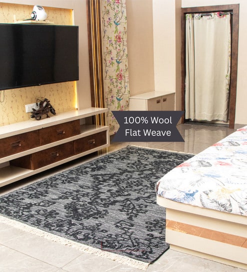 the woven legacy Black Geometrical Wool 8X5 Feet Hand Woven Carpet-picture-28