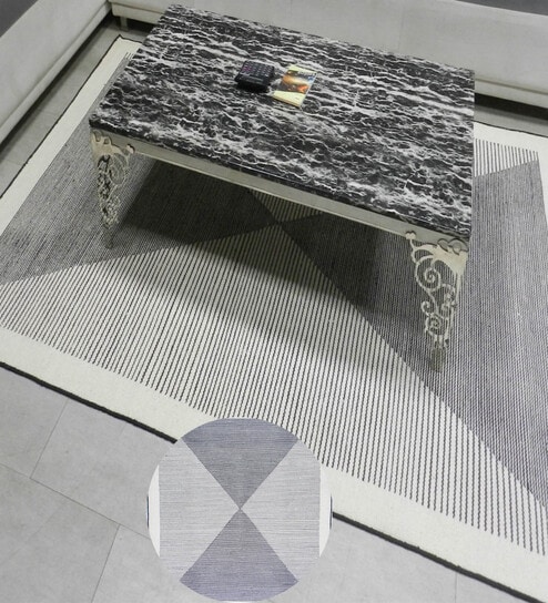 Black Geometrical Wool 8X5 Feet Hand Woven Carpet