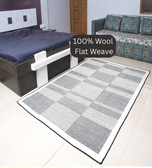 Black Geometrical Wool 8X5 Feet Hand Woven Carpet-image-46