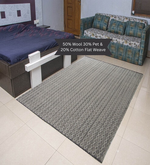 Black Geometrical Wool Andpet And Cotton 7X5 Feet Hand Woven Carpet-image-47