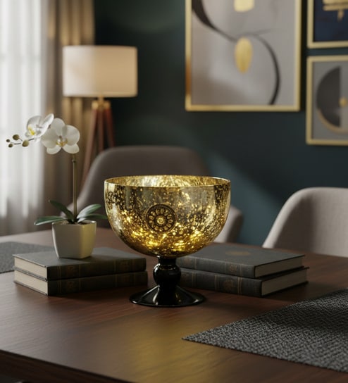 Black And Gold Diamond Pattern Glass Round Shape Fruit Bowl for Home Decor