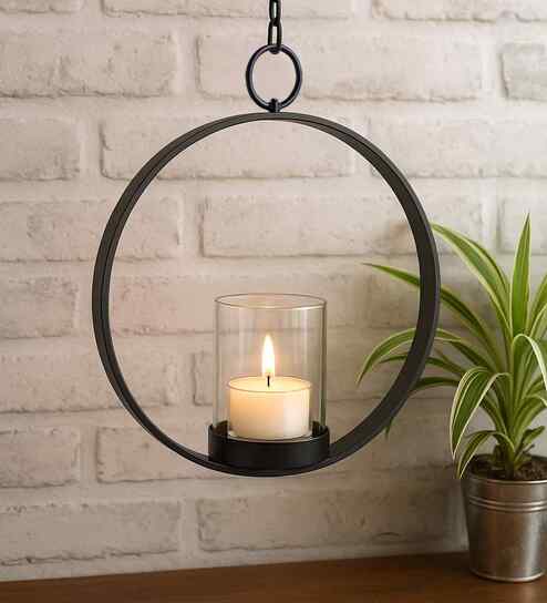 Black Iron Modern Hanging Tea Light Holder Glass Hurricane