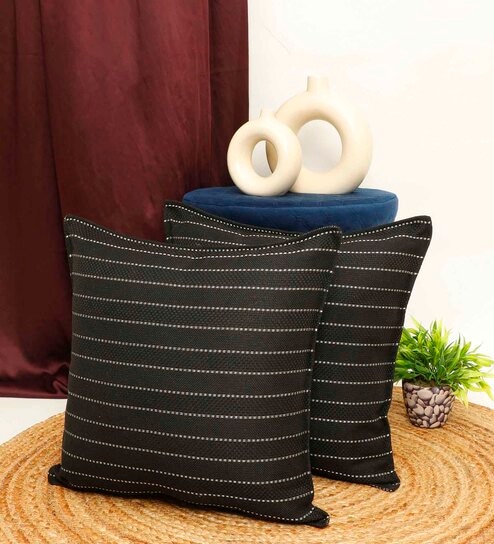 Black Jute Stripes 16x16 inches  Regular Cushion Covers  (2Pcs)