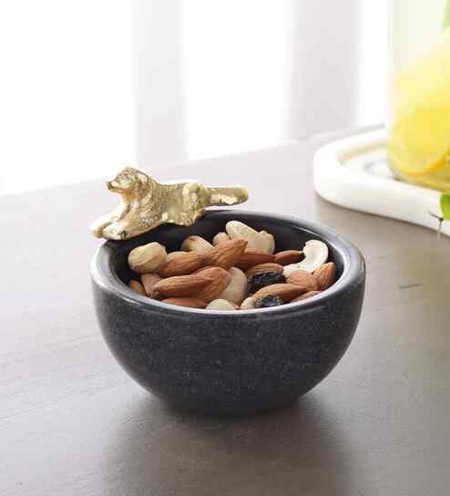 Black Marble Nut Candy Bowl Brass Dog Embedded