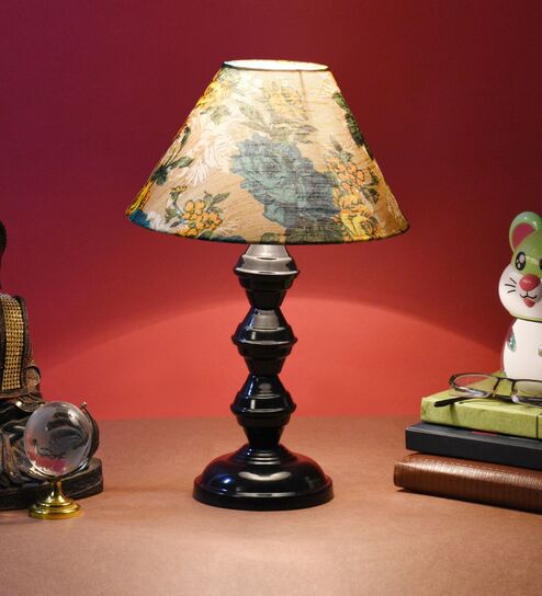 Black Metal & Cotton Green & Yellow Colour Table Lamp