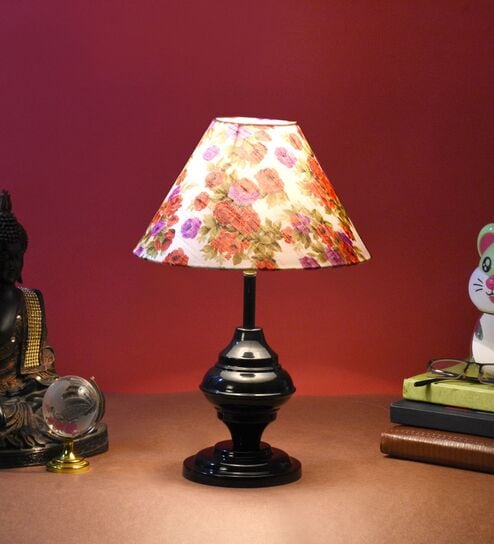 Black Metal & Cotton Red & Purple Colour Table Lamp