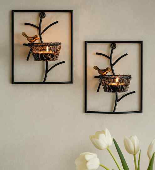 Black Metal Agueda Wall Tea Light Holders (Pack Of 2)