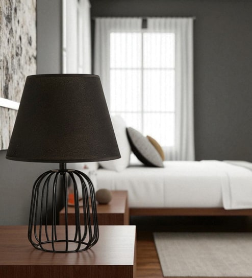 Black Metal Cage Table Lamp With Cotton Fabric Shade   Minimalist Home Lighting