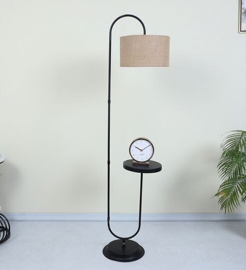 Black Metal-Iron Base Foldable Downlighter Floor Lamps Beigh Jute Shade  With Height - 60"