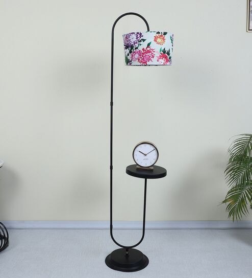 Black Metal-Iron Base Foldable Downlighter Floor Lamps Carnation Print Satin Shade  With Height - 60"