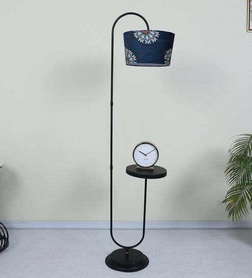 Black Metal-Iron Base Foldable Downlighter Floor Lamps French Floral Print Satin Shade  With Height - 60"