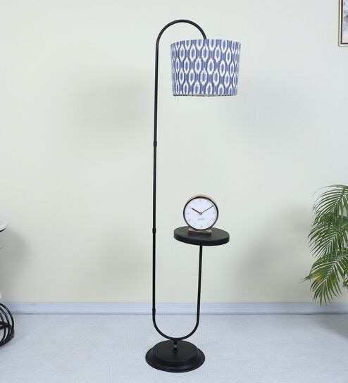 Black Metal-Iron Base Foldable Downlighter Floor Lamps Ikkat Print Satin Shade  With Height - 60"